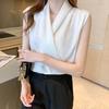 Wrap V-Neck Sleeveless Slim Fit Women Top Solid Color Satin Blouse