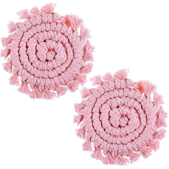 2 Pack Handmade Boho Drink Coaster Holder Cotton Knitted Car Coasters for Cup Holders Universal Auto Macrame Non-Slip Cup Holder Removable Car