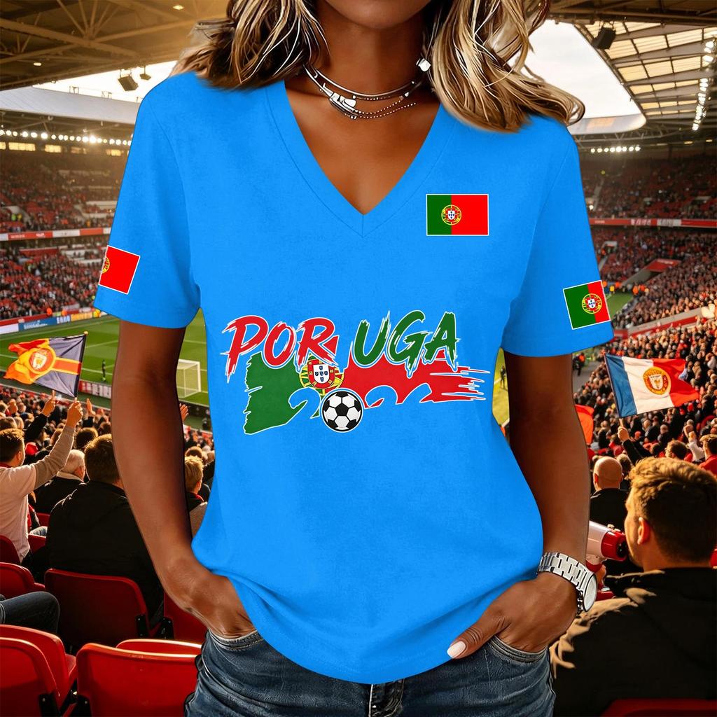 Women V Neck Pullover T Shirt Short Sleeve Casual Soccer Flag Print Top Supporter Jersey Tee for Game Day Wear