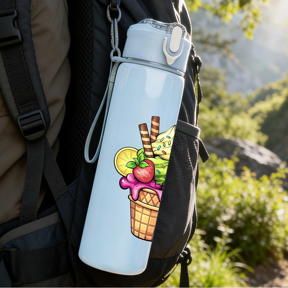 1PC Colorful Ice Cream Fruit Print 750ml Color Plastic Sports Water Bottle Leakproof Flip Straw Lid Suitable for Sports Office Home Use