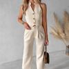 Leisure Fashion 2024 Women Pants Set Hot Selling Stand Collar Sleeveless Buttoned Vest Top & Straight Leg Pants Set Daily Work