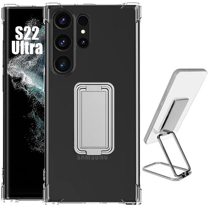 Чехол для Samsung Galaxy S22 Ultra - Ультратонкий прозрачный противоударный с регулируемой подставкой, серебристый металл