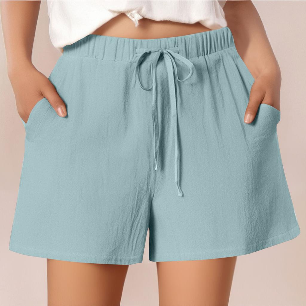 Женские повседневные хлопковые и льняные однотонные свободные шорты со шнуровкой и эластичным поясом длиной три четверти