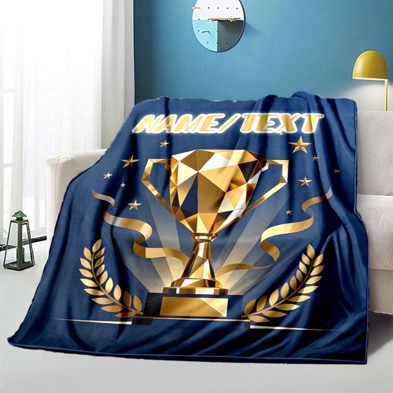 1PC Custom Name Golden Trophy Achievement flannel blanket versatile,all-season throw suitable for the living room,bedroom,camping,travel,and gift