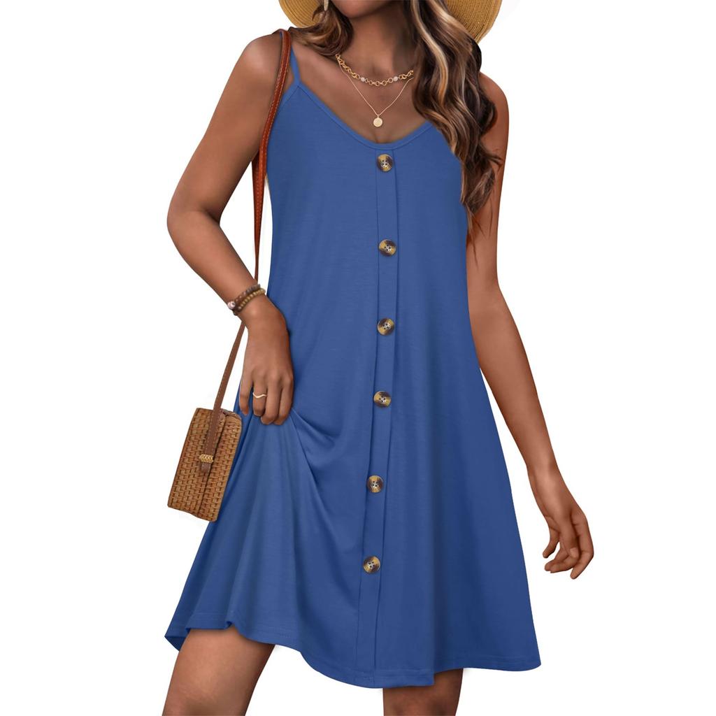 Summer Dresses for Women Spaghetti Strap Button Down Casual Sundress Beach Cover Up Dress with Pockets