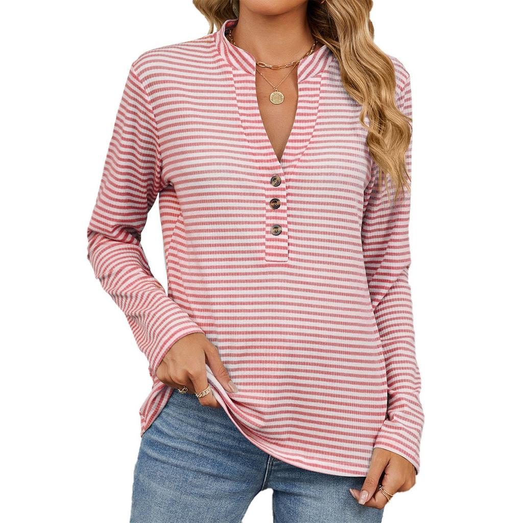 Women's Fashion Striped V Neck SLong Sleeve Button Casual T-shirt Top