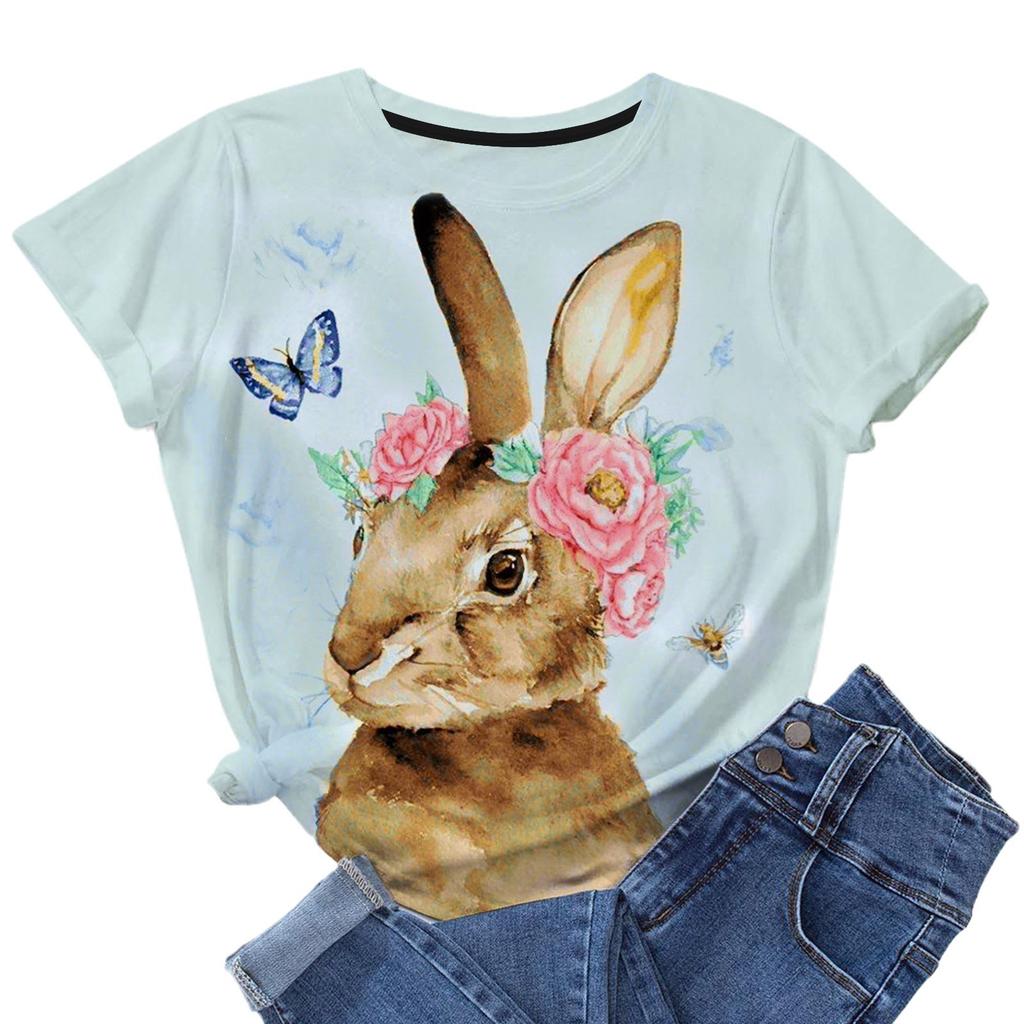 Летний топ с круглым вырезом и принтом 3D кролика, модные повседневные женские футболки с короткими рукавами