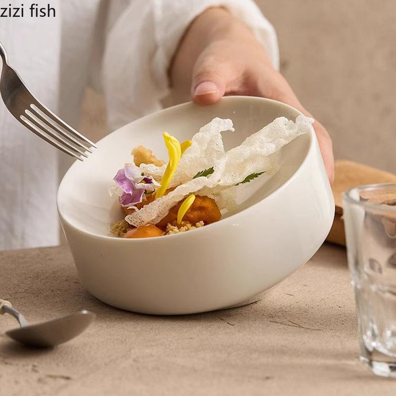 Креативная керамическая тарелка со скошенным краем Специальная десертная тарелка Тарелка для димсамов Тарелки для суши Витрины для молекулярной кухни в отеле