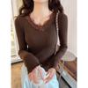 Fashion V Neck Lace Splice Knitted Bottoming Shirt Women's Elegant Casual New Slim Fitting Top Elegant Solid Color Sweet Long Sleeve Clothing