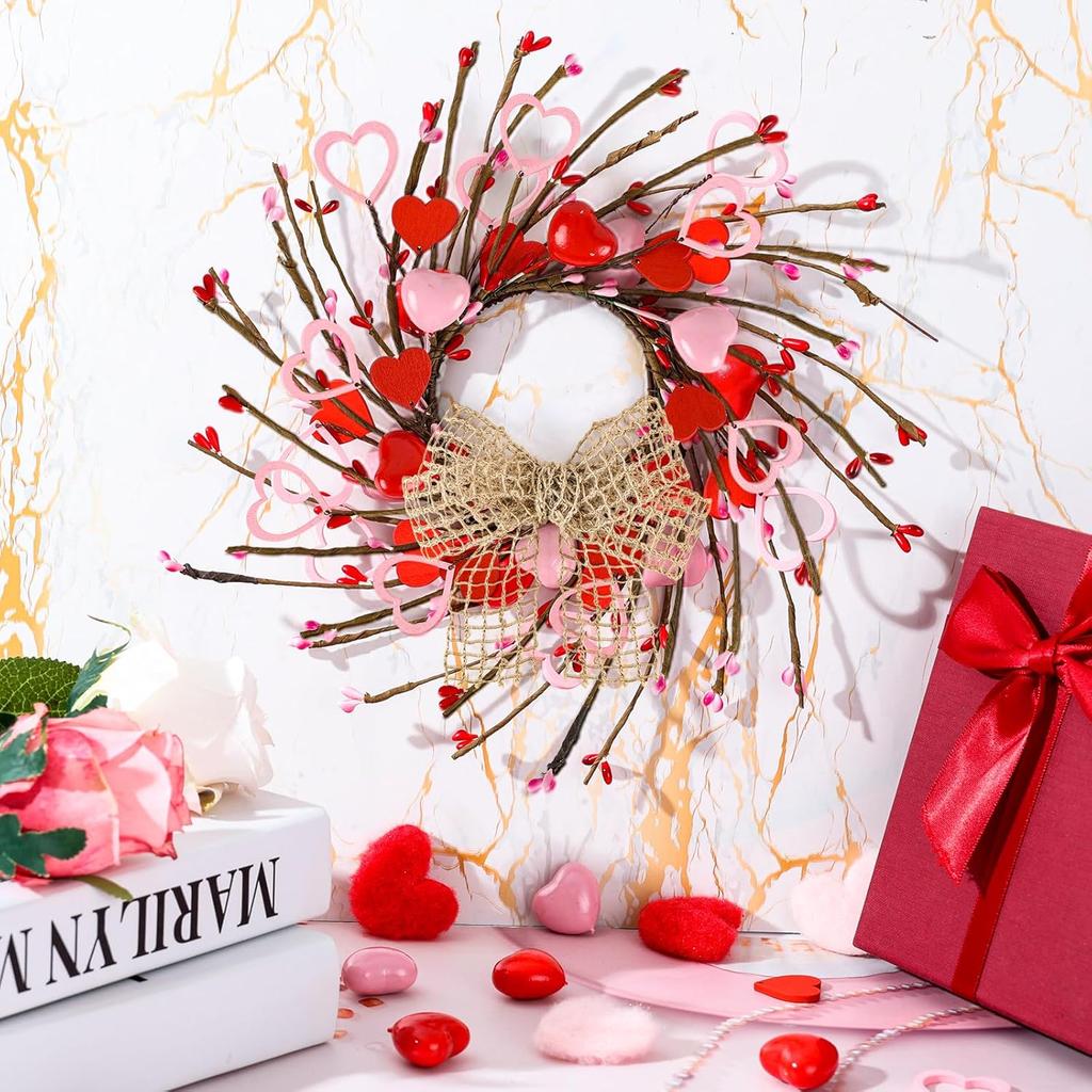 4 Pcs Valentines Day Wreaths Kitchen Cabinet Wreaths Farmhouse Artificial Red Pink Heart Berries Mini Valentine's Day Windows Wreaths for Front Door