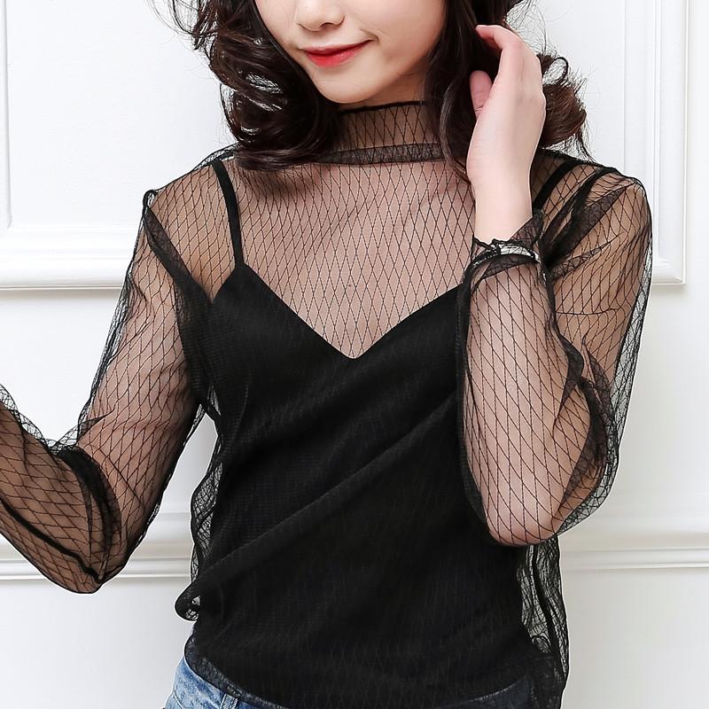 Women's Korean Style Sheer Black Mesh Long Sleeve Top