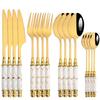 16Pcs Tableware Set Cutlery Set Mirror Ceramic Handle Gold Flatware Fork Spoon Knife Set Stainless Steel Dinnerware Dinner Set
