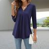 Женские топы с V-образным вырезом, декором на пуговицах, рукавом 3/4, однотонные футболки с эффектом морщин, повседневная одежда в стиле кэжуал