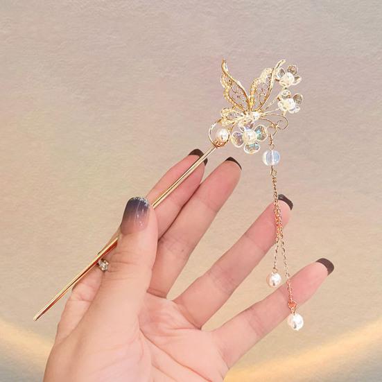 Chinese Style Faux Pearl Tassel Hair Stick Hollow Butterflies Shape Elegant Lady Back Head Hair Chopstick Headdress Hair Accessories