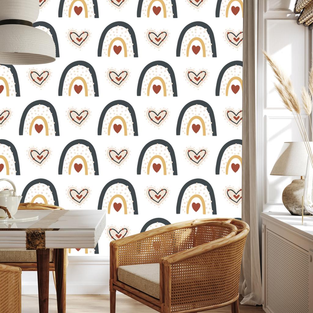 Rainbows and Butterflies Boho Wallpaper Cream, Navy Blue and Turquoise 50x1000
