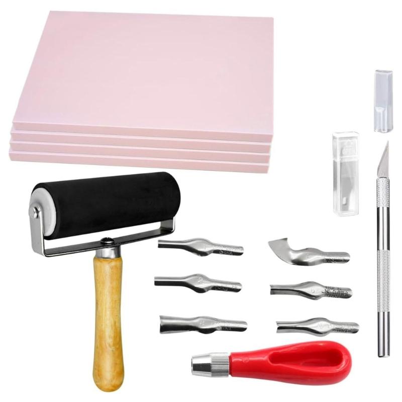 Rubber Stamp Making Kit, Block Printing Starter Tool, Linoleum Cutter with 6 Type Roller, Tracings Paper