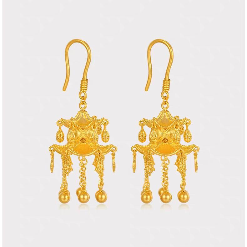 Women's 24K Gold (AU999) Ancient Pavilion Lantern Earrings | Matte-Gilt Two-Tone Lantern, Chiseled Lotus with Pearl Tassel