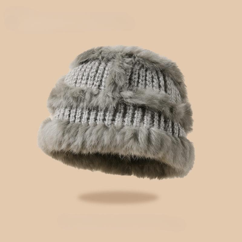 Вязаная шапка-ведро из меха кролика, женская, зима 2023, новая плюшевая утолщенная термошапка с изображением маленького лица