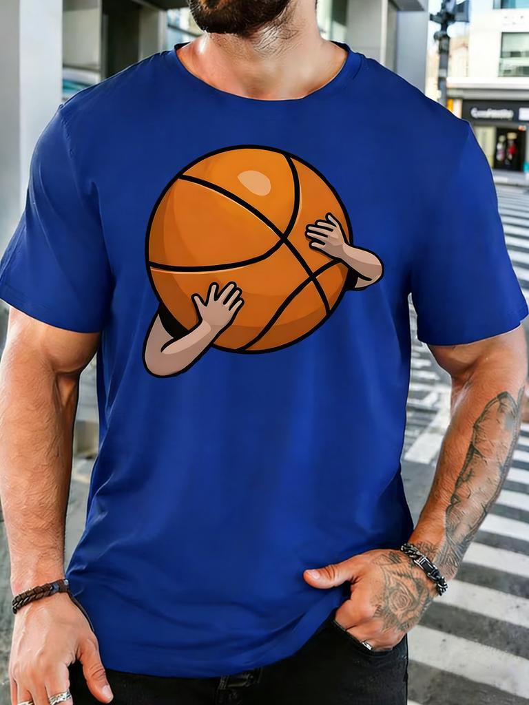 Unisex Crew Neck Tee Funny Hugging Basketball Cartoon Graphic Print Short Sleeve Top Summer Outdoor Loose Soft Casual Basic Wear