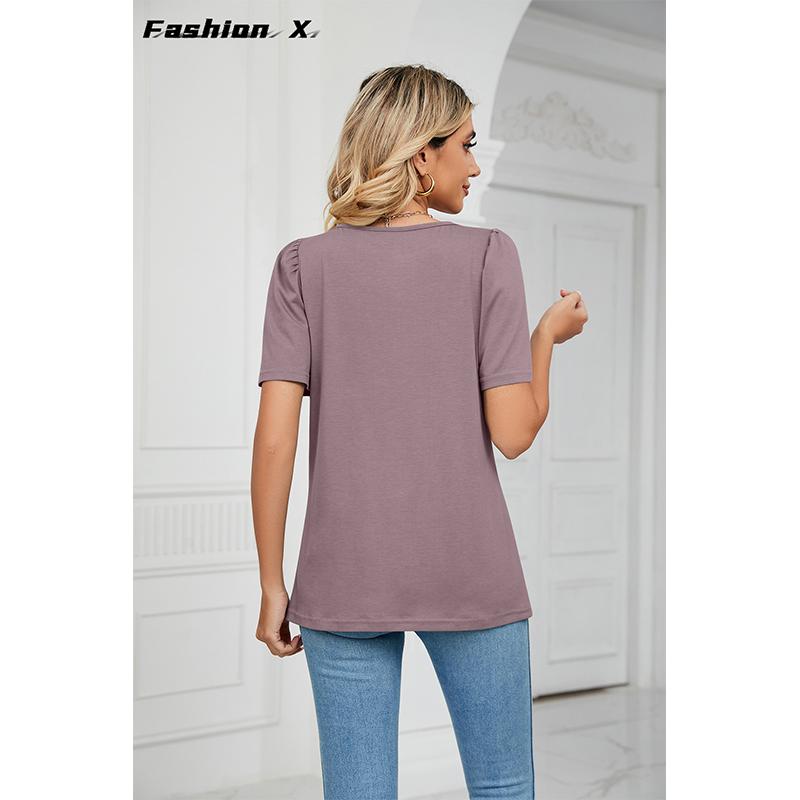 Весенне-летняя новая однотонная свободная футболка с квадратным вырезом и короткими рукавами, вязаные топы женские