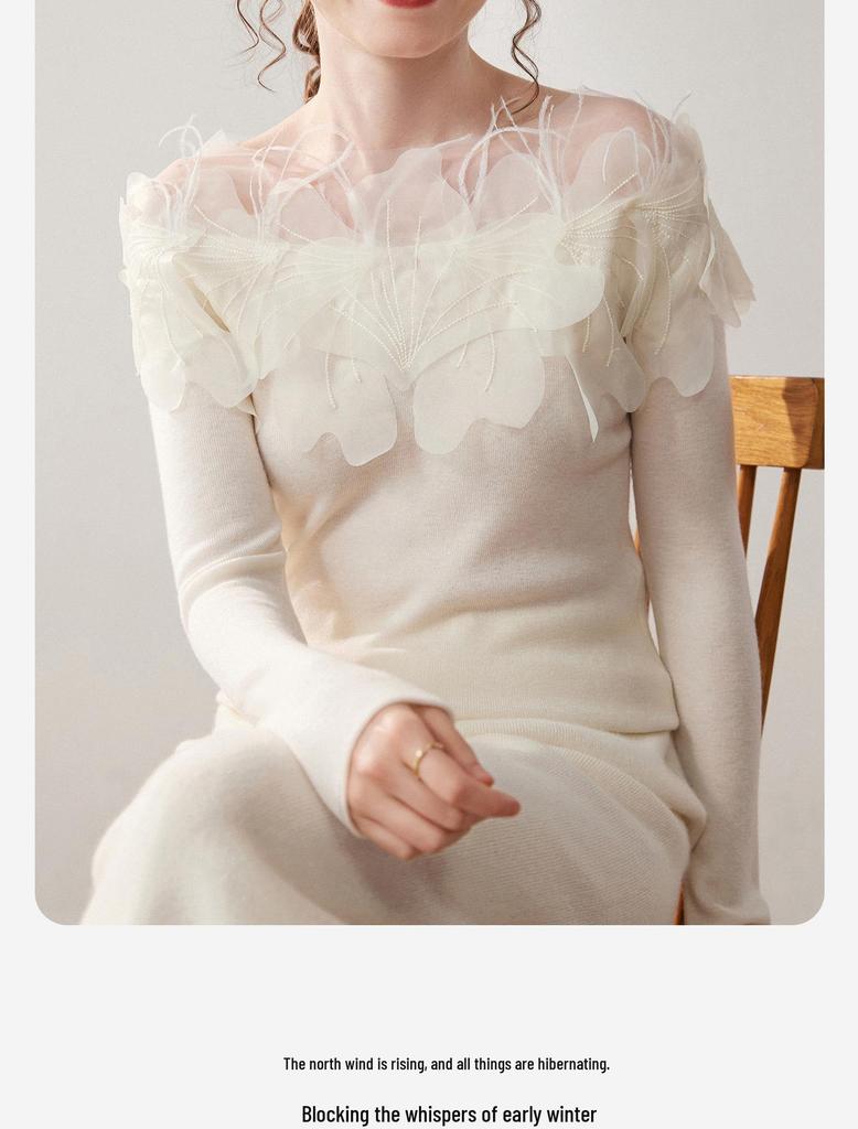 Кашемировый свитер с воротником-стойкой и вышитыми вручную цветами: На одно плечо, Сексуальный и Трехмерный дизайн с перьями