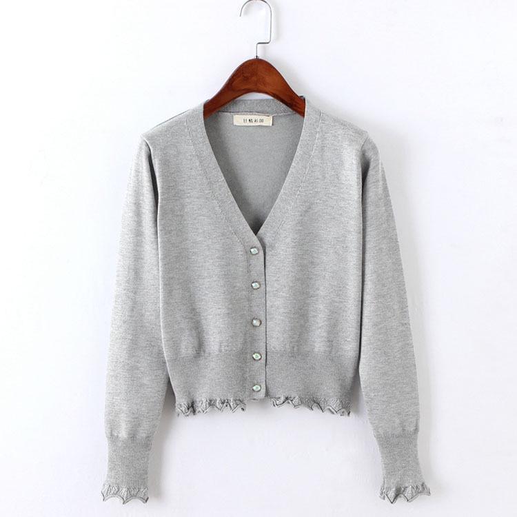 Женский трикотажный кардиган в корейском стиле с завышенной талией — длинный рукав, кружевная отделка, короткая длина.