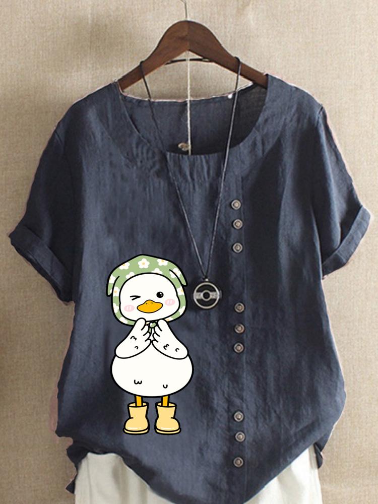 Women's Fashion Cartoon Duck Print Shot Sleeve T-shirt Loose Cotton Shirt Casual Loose Summer Blouse Tops Plus Size