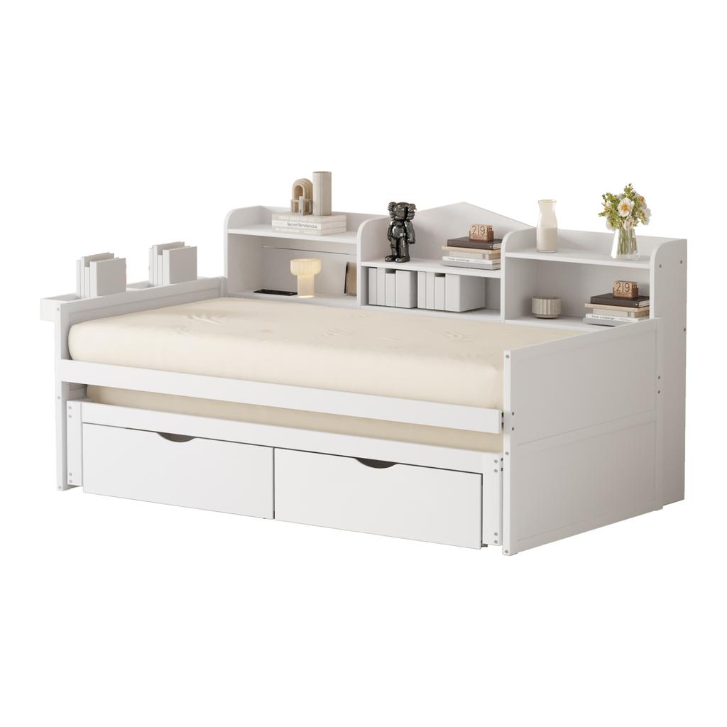 Sofa Bed 90*200, Pull-out Bed 90*190 with Two Drawers, Large Storage Compartment and Storage Basket, USB Socket, Single Wooden Bed, White