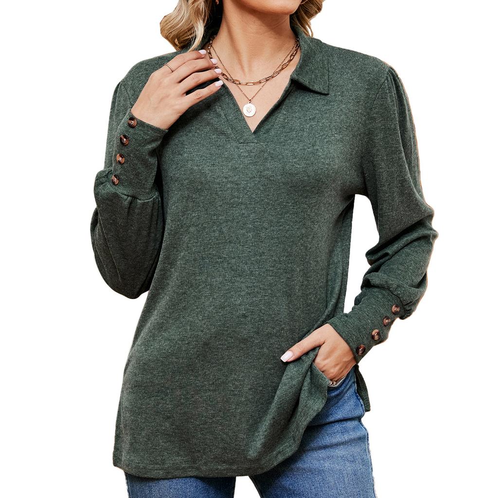 Spring and Autumn Women's Blouse Lapel Long Sleeve Button Loose Milled Long Sleeve Top