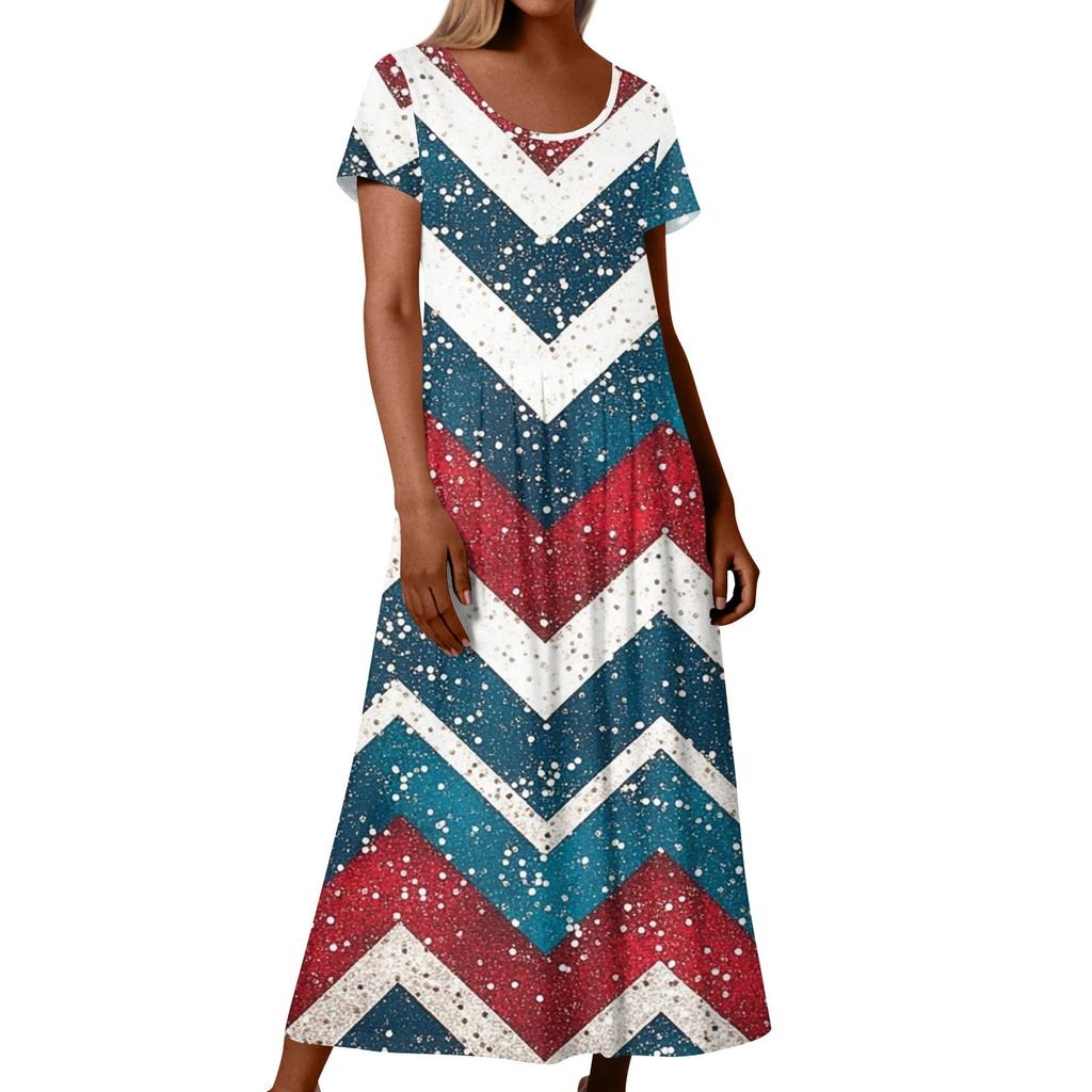 Женское летнее повседневное модное платье с коротким рукавом и карманом на День независимости с коротким рукавом