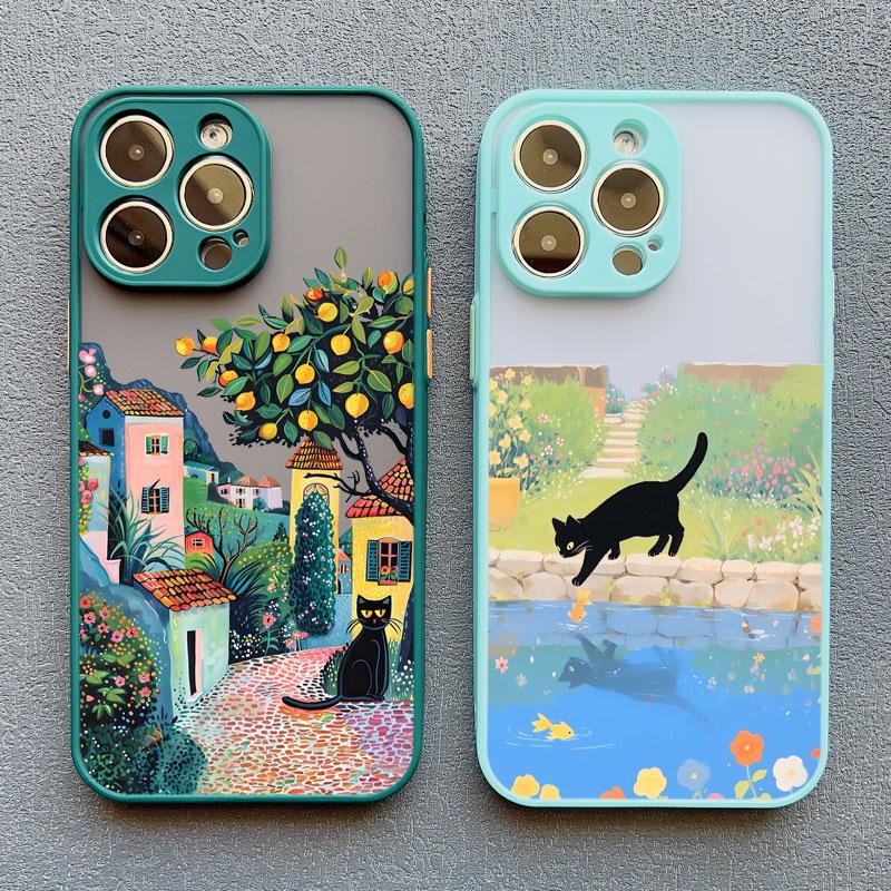 Pretty Cute Black Cats In Flower Garden Phone Case for iPhone 14 13 12 11 Pro Max Mini 16 15 Pro Max Plus XR XS X 7 8 Plus Cover