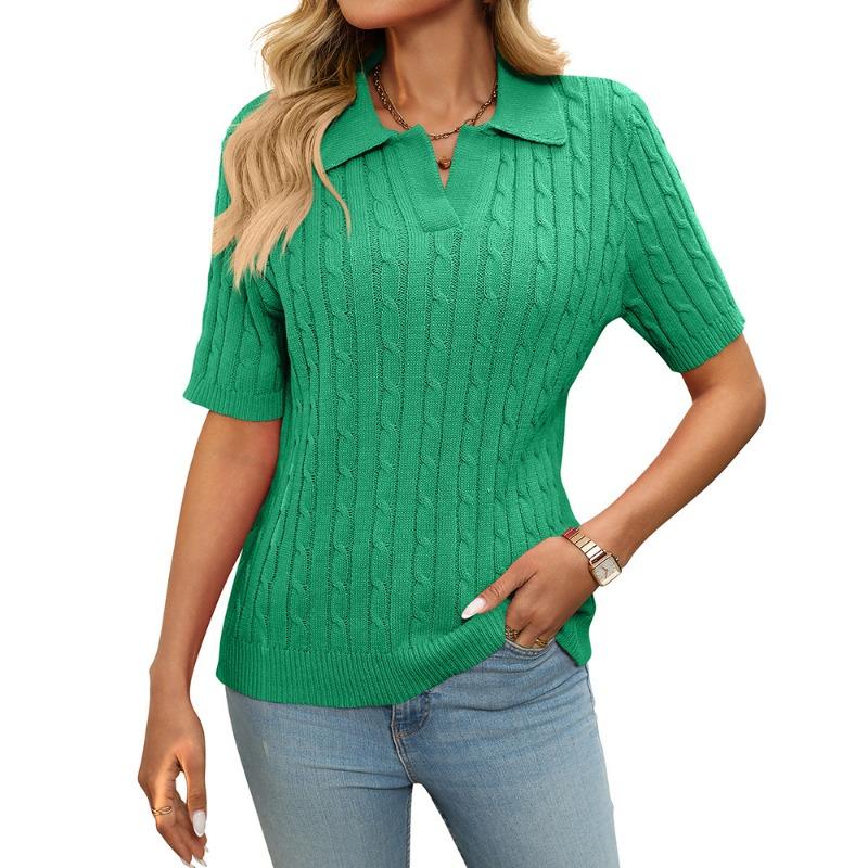 Women's Summer New Short-sleeved Lapel Stranded Jumper V-neck Knitted Pullover Tops