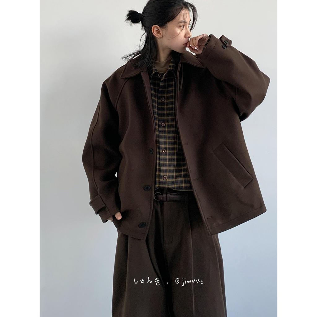 Унисекс Ретро Кофейное Шерстяное Пальто с Рукавами Реглан