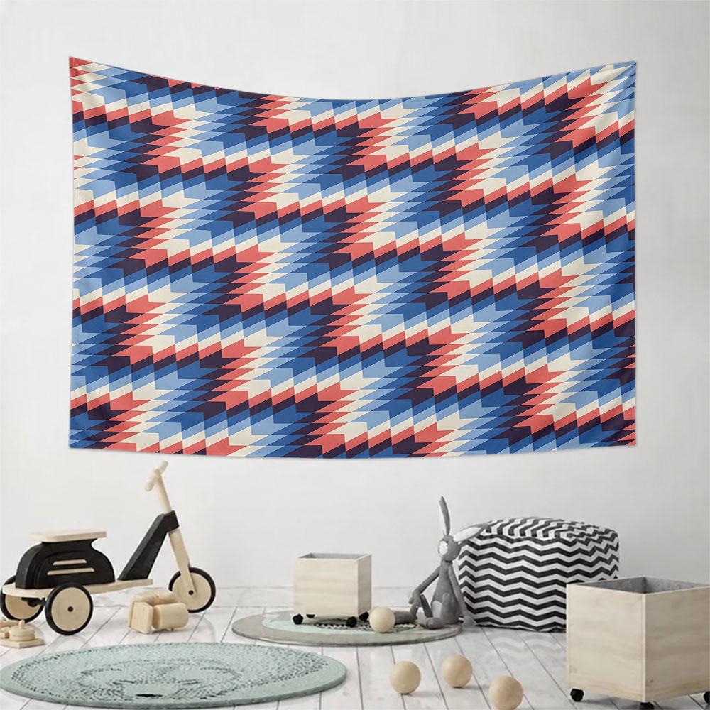Geometric Zigzag Pattern in Blue & Red Pattern Wall Hanging Tapestry Decorative Tapestry Home Decor for Bedroom and Living Room