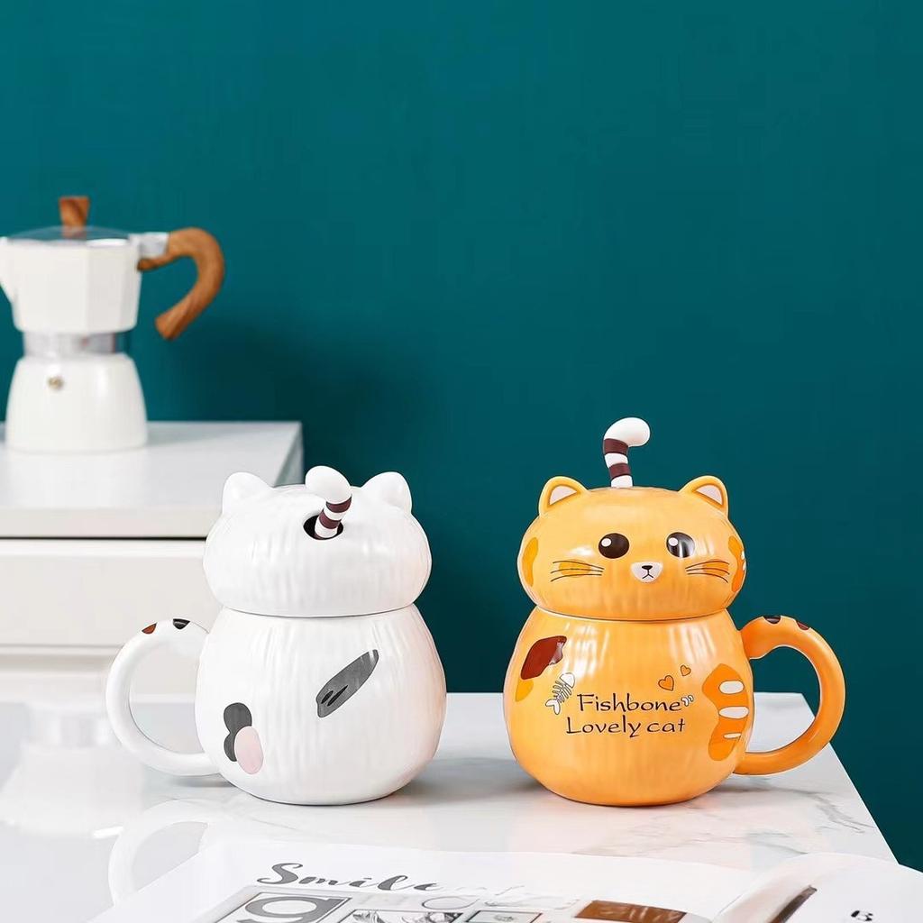 Cute 3D Cat Ceramic Mug with Lid Couple Coffee Milk Tea Water Cup Large Capacity Office Breakfast Cups Household Drinkware