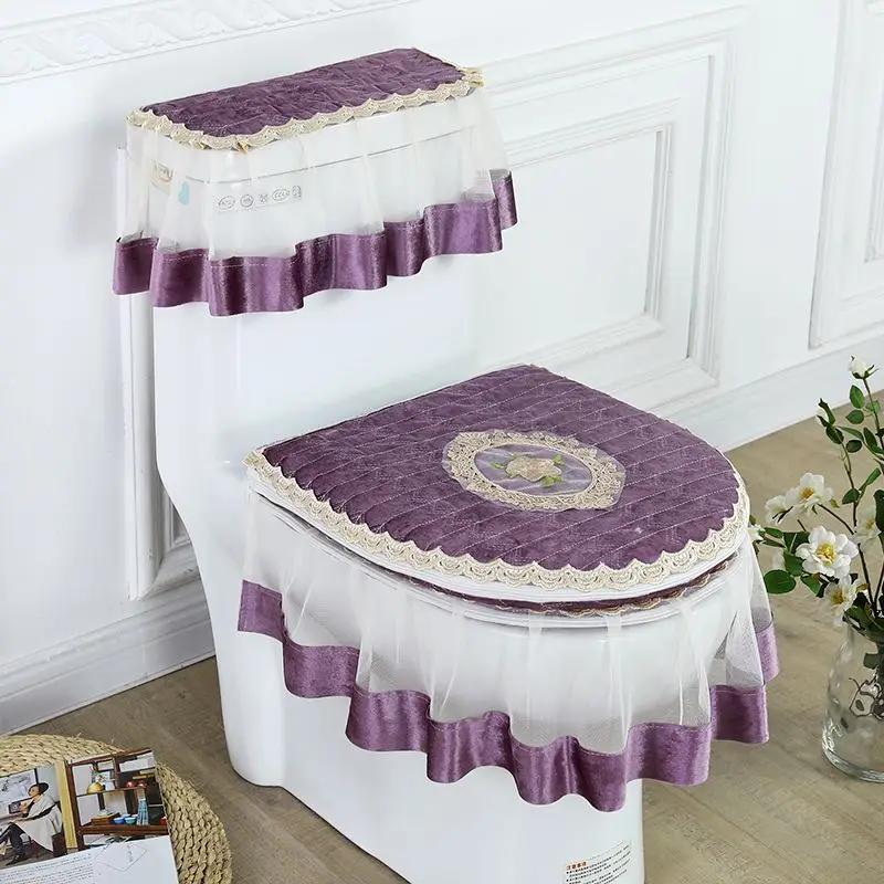 Европейский вышитый коврик для сиденья для унитаза, комплект из трех предметов, плюшевый теплый туалетный столик, пылезащитный чехол, кружевной край, прозрачный подол, подушка для сиденья унитаза