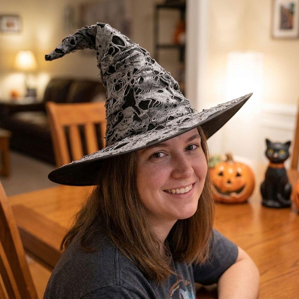 Large Wide Brim Ripped Tattered Witch Hat Tall Pointed Cone Top Pointed Mage Hat  Halloween Party