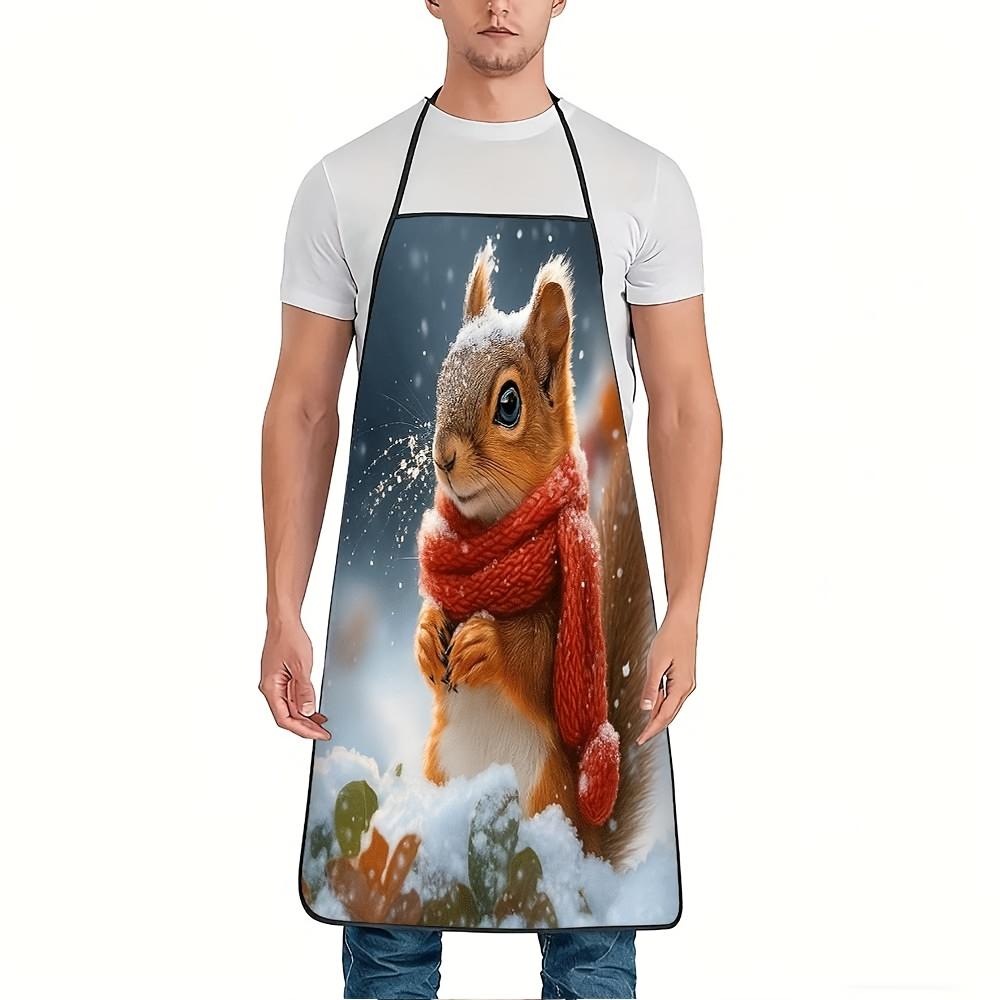 A Cute Winter Squirrel Snow Print Apron in a Single Piece - Featuring a Red Adjustable Waist Belt, Made of Durable And Easy-To-Clean Polyester, Suitab