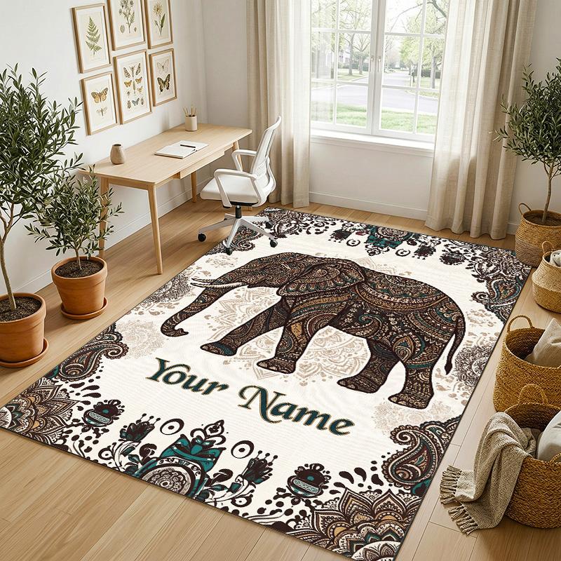 Elegant Elephant Theme Soft Crystal Velvet Rug Custom Name & Text Print Non Slip Floor Rug for Bedroom Living Room