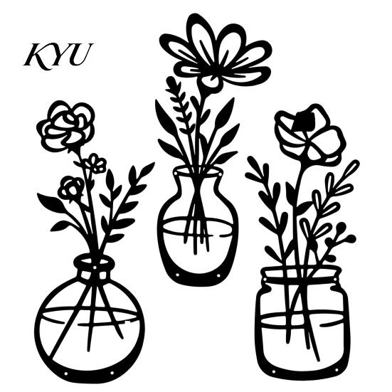 Commercial Space Wall Decoration 3Pcs Black Metal Flower Decor, Rustic Farmhouse Boho Art, Home Office Art Vase Floral Hanging Decor for Bathroom