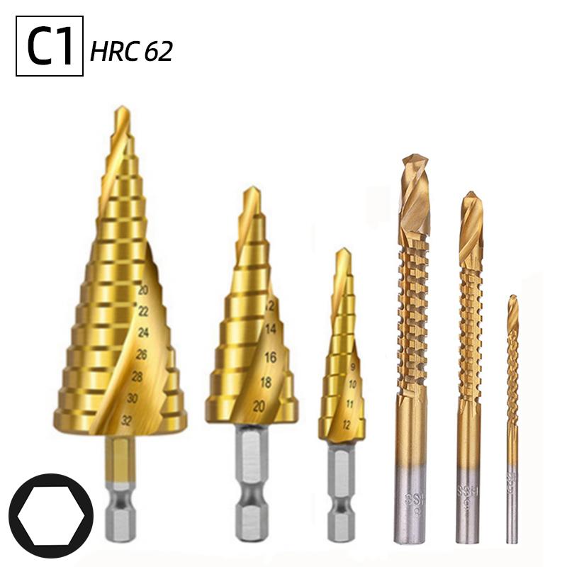 6Pcs HSS Steel Titanium Step Drill Bit Set 4-12/20/32mm Metal Hole Cutter Wood Cone Core Drilling Hole Saw Tool+3,6,8 Saw Drill
