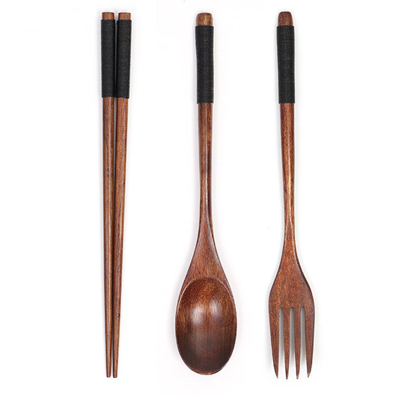 Camphorwood Three-Piece Cutlery Set: Chopsticks, Fork, and Spoon, Solid Wood, Portable and Individual Use.
