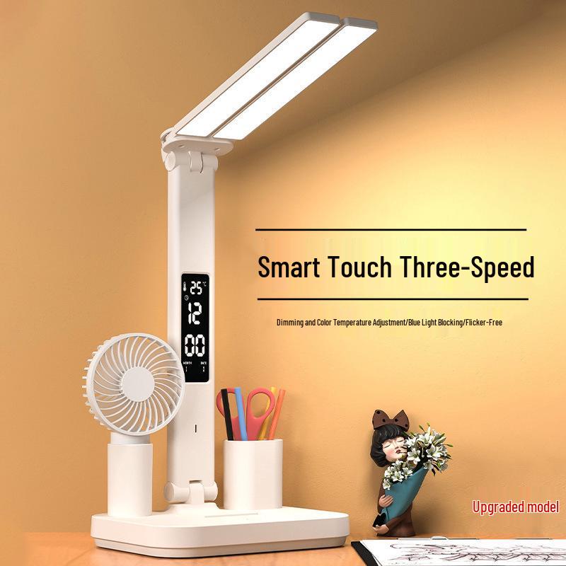 Dual-Head Eye-Protecting Desk Lamp with Clock and Pen Holder for Students and Children