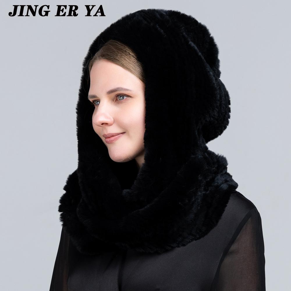 JINGERYA новая женская вязаная шапка с мехом кролика рекс, шарф с капюшоном, длинная зимняя теплая меховая шапка с шейным воротником, шарфы, шапка, шарф