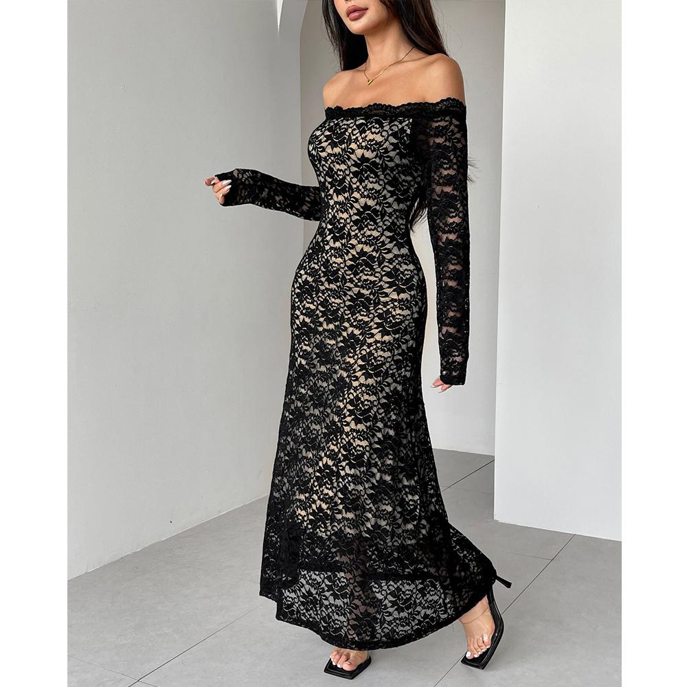Женское кружевное макси-платье Сексуальное с открытыми плечами Длинный рукав Облегающее Элегантное Свадебное Вечернее Платье для коктейля Длинное Прозрачное платье
