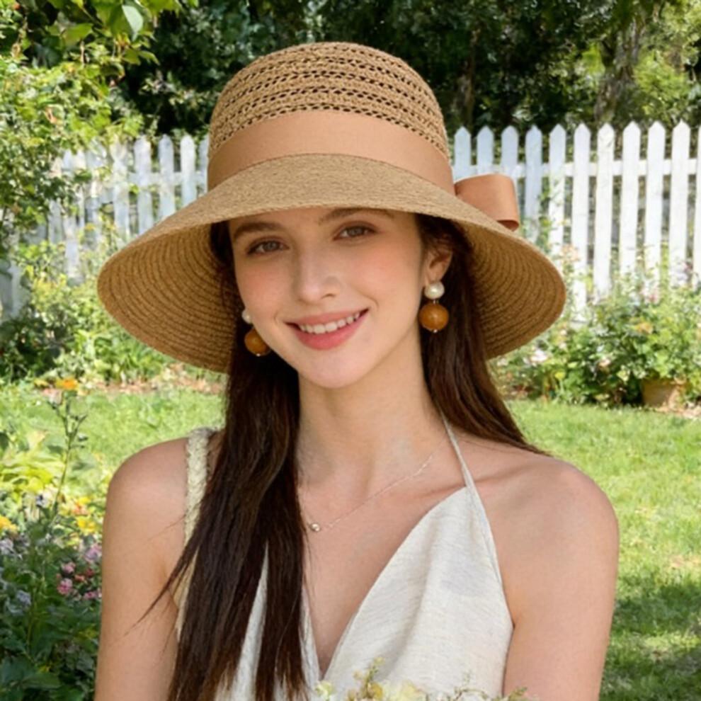 (One Size, Khaki) Women's Summer Straw Hat Wide Brim Beach Cap Outdoor Hollow Sun Hat with Bowknot
