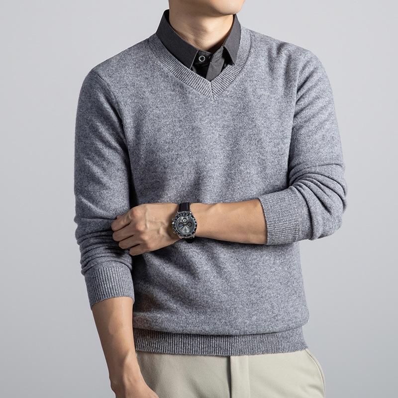 2025 Men's Thick Wool V-Neck Lapel Sweater - Fake Two-Piece Business Knitwear