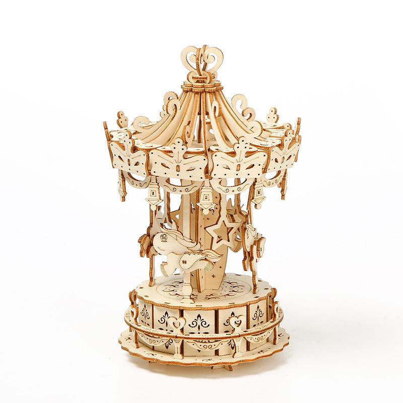 Cross-border New 3D Three-dimensional Puzzle Wooden Toys Educational Assembled Toys DIY Creative Carousel Jigsaw Puzzle