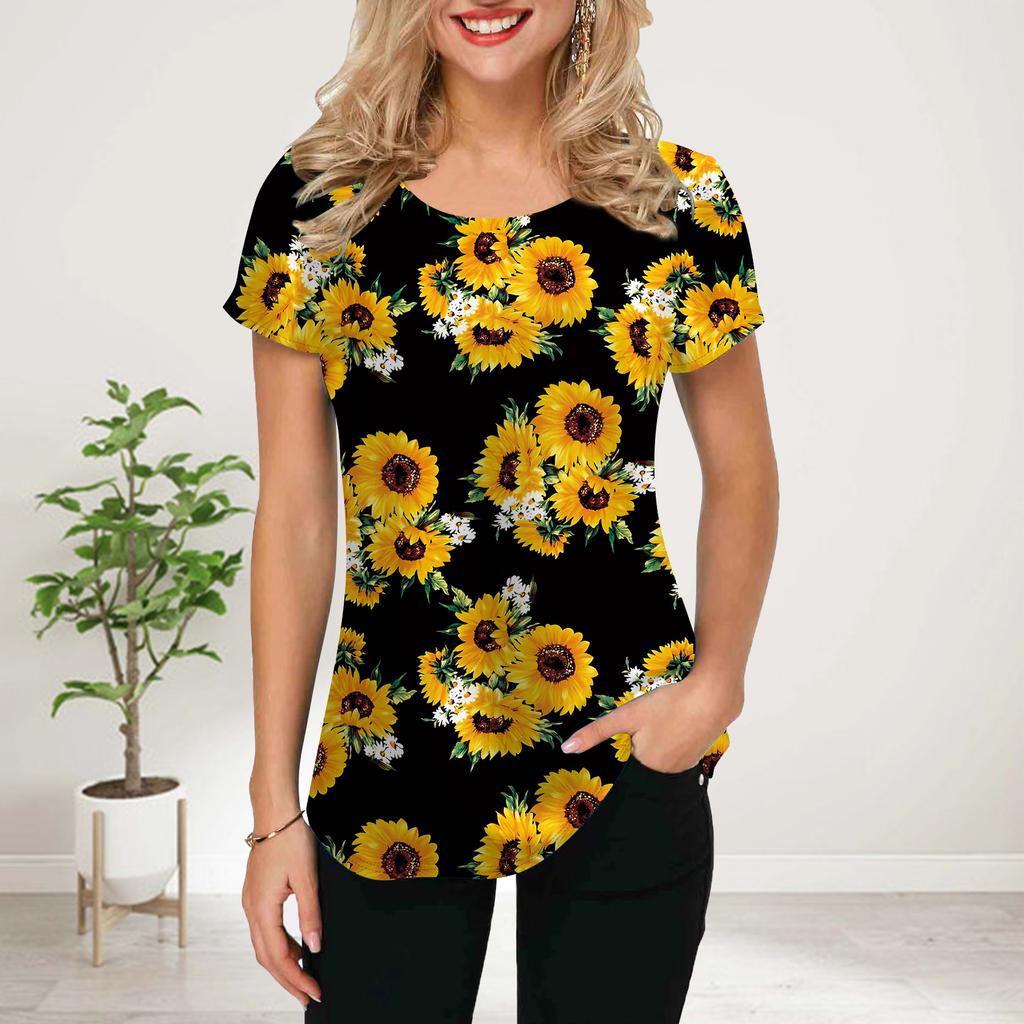 Женская летняя футболка с черным принтом подсолнуха, футболки с коротким рукавом, повседневные топы с принтом
