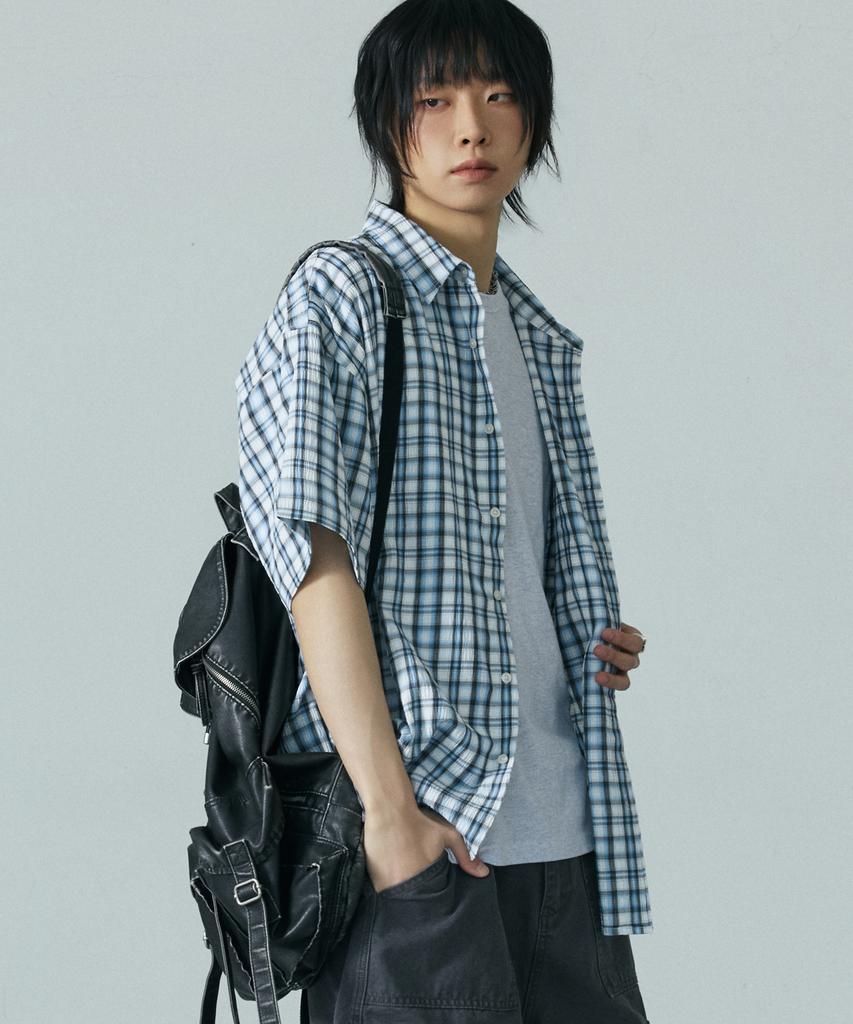 LXT Seersucker Check Oversized Short Sleeve Shirt [Blue]